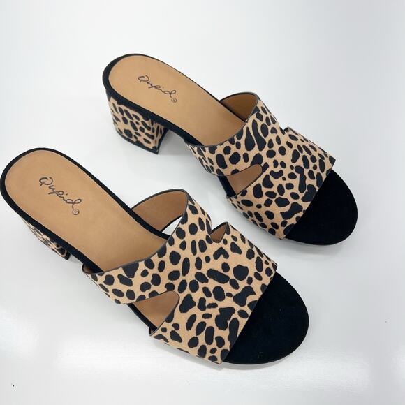 QUPID Leopard Print Cut-Out Slide Sandals Tan Black Block Heel Women's Size 7 - Picture 2 of 8